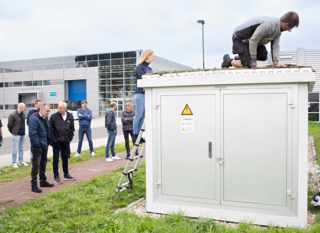 Groep mensen bekijkt elektriciteitsstation terwijl technici sedum plaatsen op het dak van de behuizing.