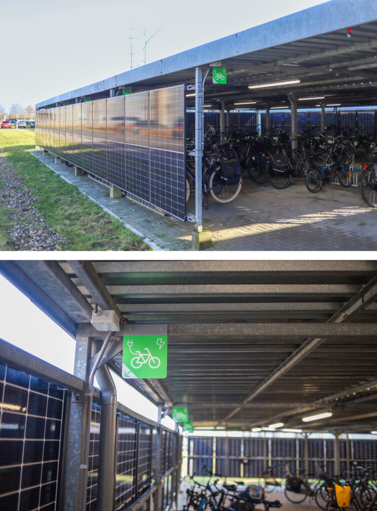 Overdekte EV fietsenstalling met zonnepanelen en oplaadpunten voor elektrische fietsen