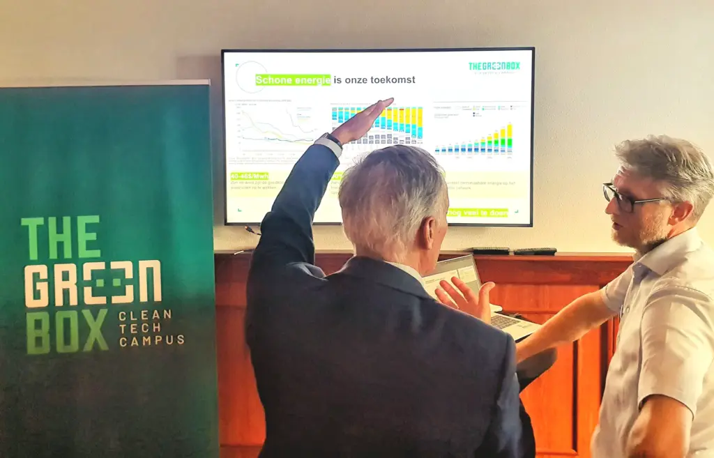 Twee mannen bespreken grafieken op scherm bij The Green Box Clean Tech Campus, energiedata analyse en presentatie.