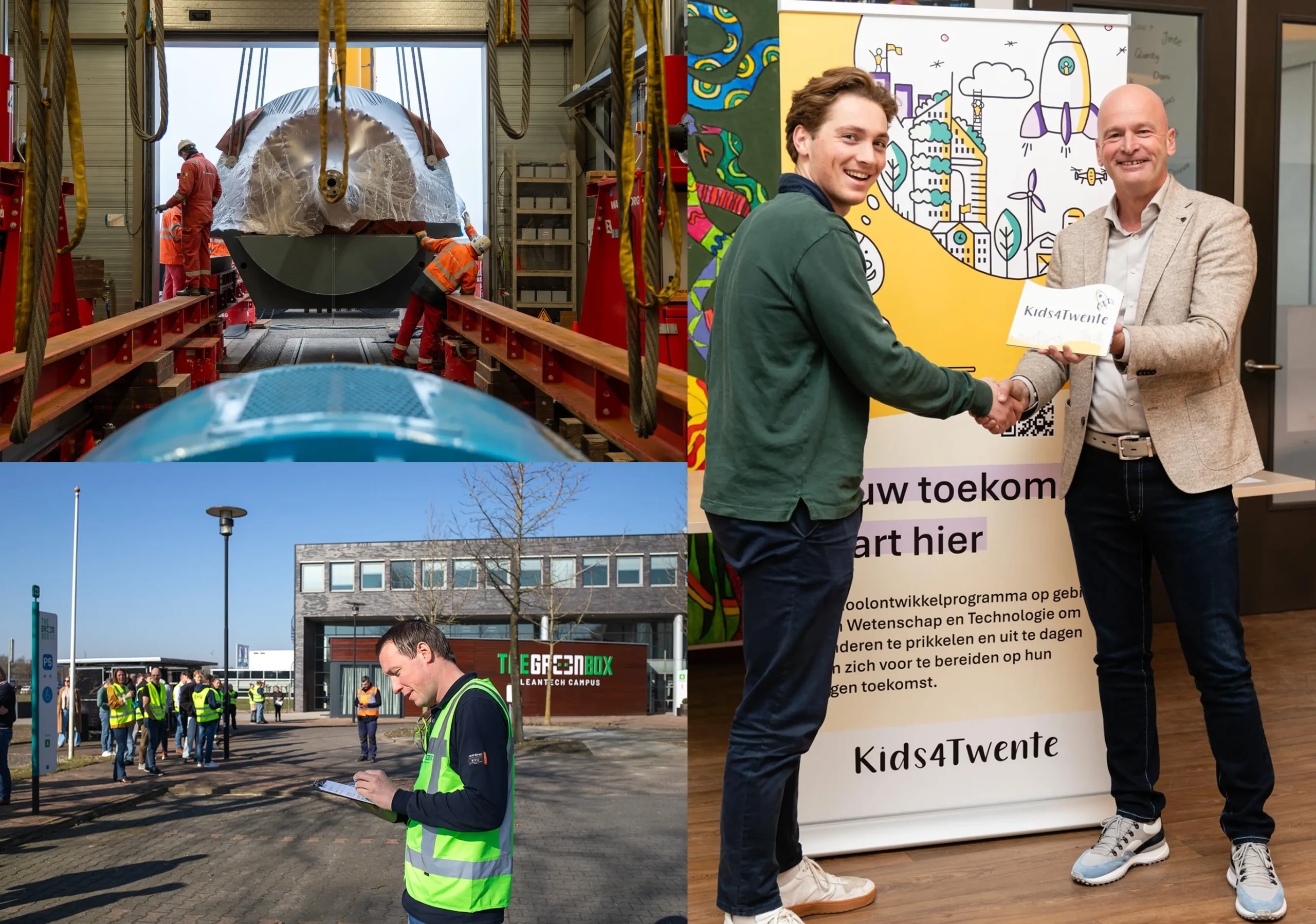 Studenten en professionals bij technische opleiding en bedrijfsevenement met industriële apparatuur en Kids4Twente banner