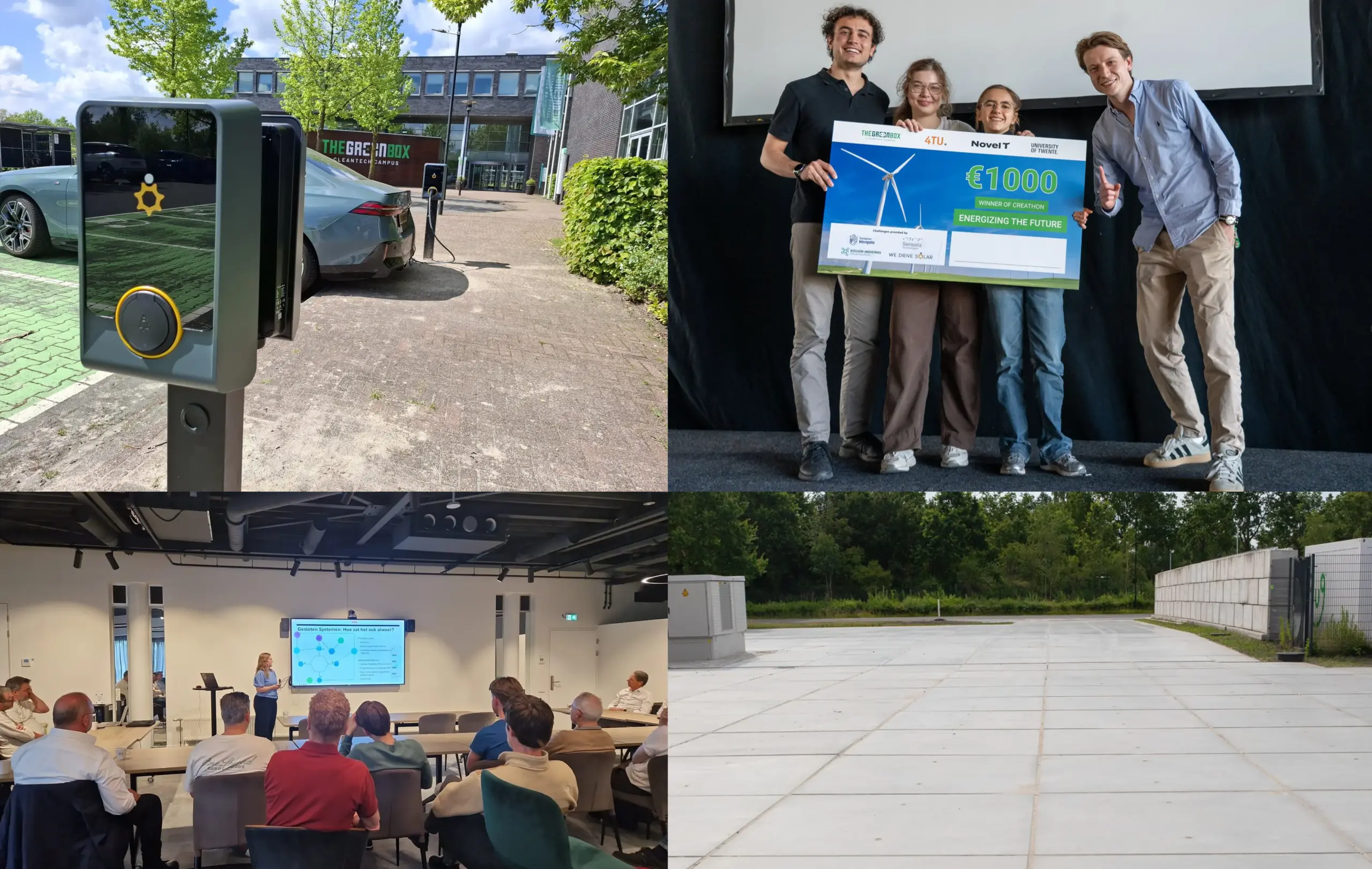 EV-laadpaal op cleantech campus, winnaars Creathon €1000 prijs, presentatie en energieopslag installatie.
